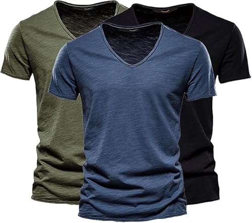 T Shirt Lang, T Shirt Herren V Ausschnitt Lang Oversized Tshirt Set Pack 3er Basic Unifarben Longshirt Kurzarm Mode 2025 Cutted Shirts Aus Slub Baumwolle, Marine+Schwarz+Armeegrün, XXL von Generisch