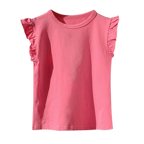 T Shirt Mädchen Baumwolle Casual Einfarbig T-Shirt Rüschenärmel Sommer Atmungsaktiv Schnelltrocknend Crop Top Rundhals Kurzarm Tops Freizeit Basic Kinderkleidung 2-11Jahre 2 Knalliges Pink 140 von Generisch