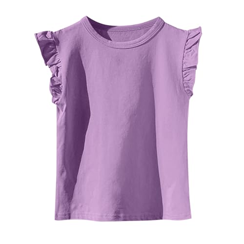T Shirt Mädchen Baumwolle Casual Einfarbig T-Shirt Rüschenärmel Sommer Atmungsaktiv Schnelltrocknend Crop Top Rundhals Kurzarm Tops Freizeit Basic Kinderkleidung 2-11Jahre 5 Lila 140 von Generisch