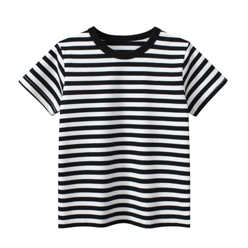 T Shirt Mädchen Baumwolle Sommer Casual T-Shirt Kinder Einfarbig Atmungsaktiv Schnelltrocknend Croptop Rundhals Kurzarm Top Freizeit Basic Kinderkleidung mit Streifen 0 Schwarz 140 von Generisch