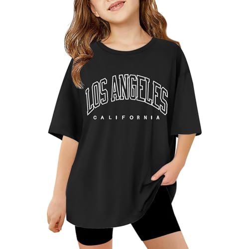 T-Shirt Mädchen Jungen Sommer Rundhals Kurzarm T Shirts Kinder Lässig Sport Oversized Tops Mode Brief Drucken Tshirt Lockere Bequem Oberteile Kinderkleidung 3-14 Jahre (Black, 13-14 Years) von Generisch