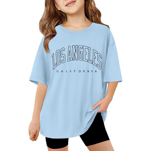 T-Shirt Mädchen Jungen Sommer Rundhals Kurzarm T Shirts Kinder Lässig Sport Oversized Tops Mode Brief Drucken Tshirt Lockere Bequem Oberteile Kinderkleidung 3-14 Jahre (Light Blue, 11-12 Years) von Generisch