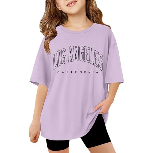 T-Shirt Mädchen Jungen Sommer Rundhals Kurzarm T Shirts Kinder Lässig Sport Oversized Tops Mode Brief Drucken Tshirt Lockere Bequem Oberteile Kinderkleidung 3-14 Jahre (Light Purple, 13-14 Years) von Generisch