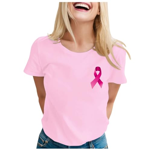 T-Shirt Mit Brustkrebs-Aufdruck Breast Cancer Motiv Top Monat des Internationalen Bewusstseins Rundhals Kurzarm Bequeme Atmungsaktiv Kurzarmshirt Lockere Sommer Kurzarmhemden von Generisch