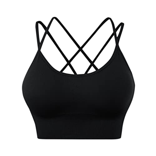 T Shirt Spitze Sport-BHS mit überkreuztem Rücken für Damen, gepolsterte Riemchen-Criss-Crop-BHS für Yoga, Workout, Fitness, Low-Impact-BHS Sexy Unterwäsche Für Damen (1-Black, L) von Generisch