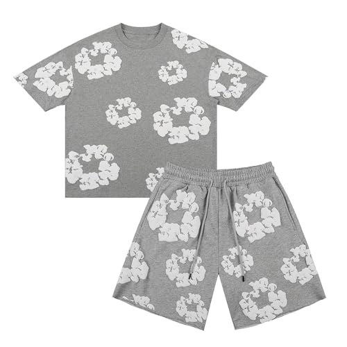 T-Shirt Und Shorts Set Jungen 2 Teiliges Baumwollkranz Druck Trainingsanzug Y2K Hip Hop Sport Jogginganzug Rundhals Kurzarm Tshirt Und Tunnelzug Shorts Mit Taschen Grey 160 von Generisch
