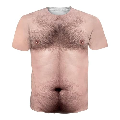 T-Shirt für Männer mit behaarter Brust, 3D-Druck, Rundhalsmuster, kurzärmelig (Beige, XS) von Generisch