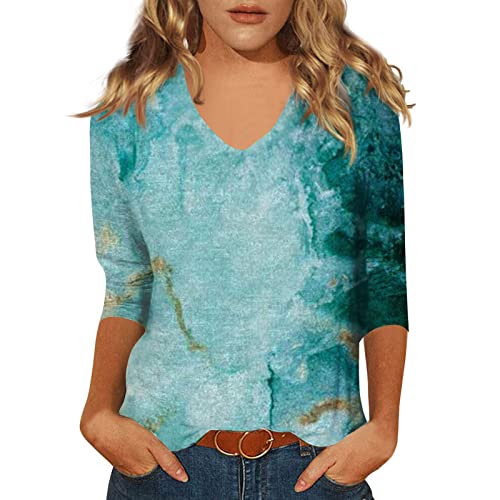 T-Shirts Damen Sommer, Ärmellose Bluse Boho T Shirt Damen Top Mit Spitze Damen Mode Casual V-Ausschnitt 3/4 Ärmel Bedrucktes T-Shirt Top Hawaii Hemd Damen Sport T-Shirt Oberteil (Blau,M) von Generisch