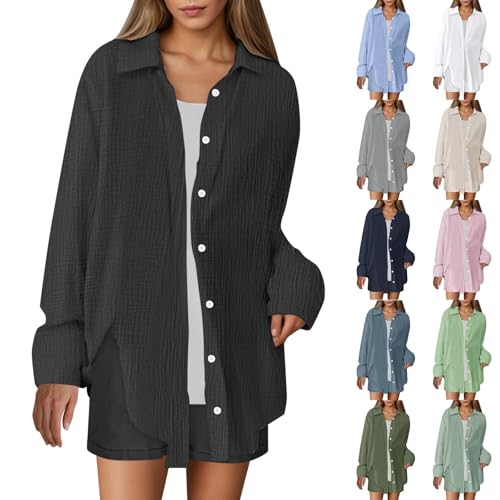 Generisch T-Shirts Für Damen Sommer Musselin Shirts Elegant Baumwolle Loungewear Freizeitanzug Langarm Oversized Bluse Mit Taschen Sport T Shirts Sonnenschutzhemd von Generisch