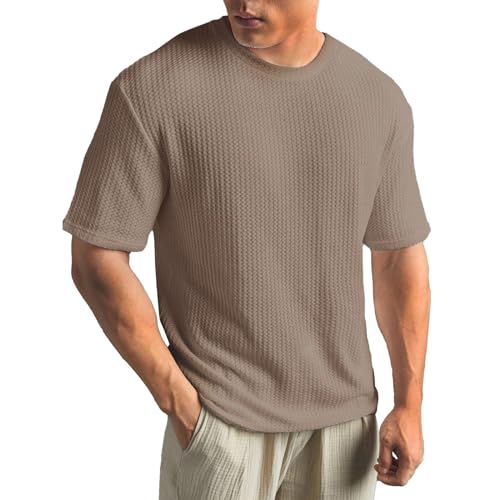 T-Shirts Herren Sommer Kurzarm Rundhals Oberteil Waffel Einfarbig Bequemes Luftig Shirts Basic Top Faul Mode Große Größen Blusen Casual Sport Alltag Outfits Schwarz (Khaki, L) von Generisch