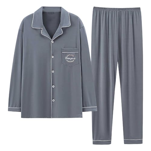 T Shirts Männer Herren 2024 Herbst/Winter Lockerer Kragen Heimkleidung Langarm Pyjama Set Schlafanzug Herren Set (Grey, XXXL) von Generisch