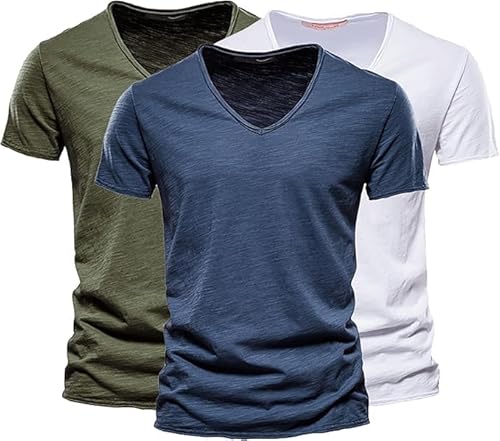 T-Shirts für Herren V-Ausschnitt, T Shirt Herren V Ausschnitt Lang Oversized Tshirt Set Pack 3er Basic Unifarben Longshirt Kurzarm Mode 2025 Cutted Shirts Aus Slub Baumwolle, Marine+Weiß+Armeegrün, XL von Generisch