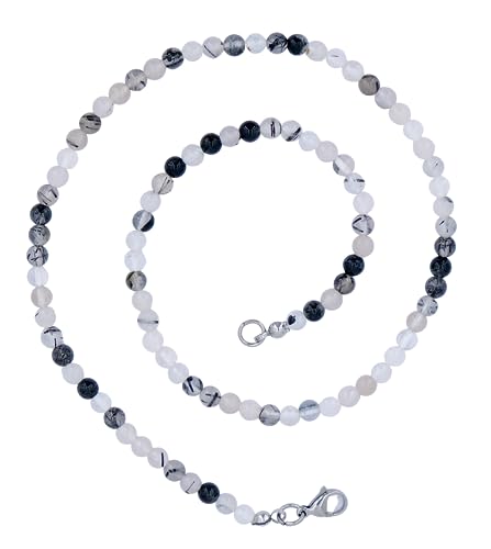 Taddart Minerals – Schwarz Weiße Halskette aus dem natürlichen Edelstein Turmalinquarz mit 4 mm Kugeln und 45cm Länge – handgefertigt von Generisch