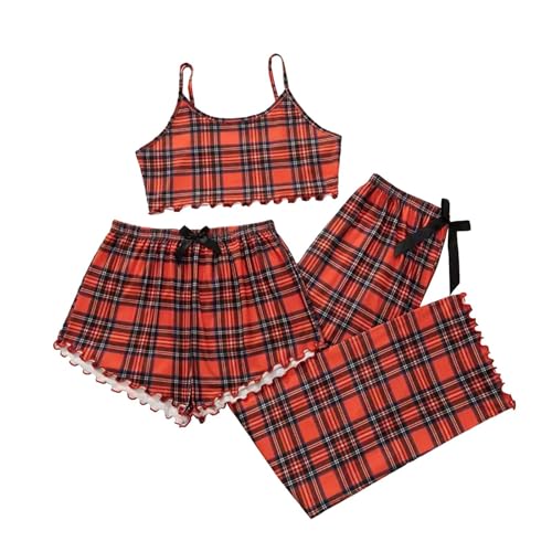 Tagesangebote Heute Blitz Schlafanzug Damen Lang Kuschelig Kurz Karierte Schlafhose Leopardenmuster 3-Teilig Pyjama Set Frauen Cami Pyjamahose Nachtwäsche Lounge Set Outfit Flanell Pyjama Damen von Generisch