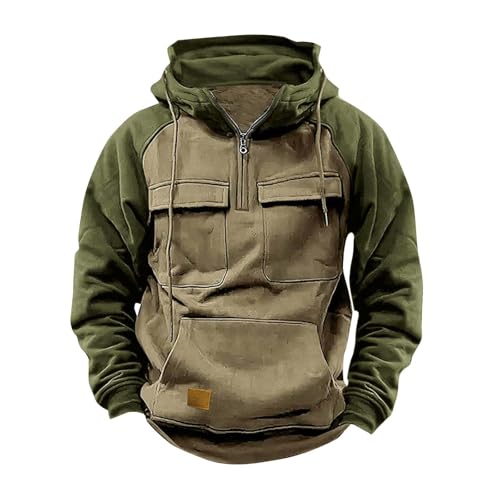 Generic Übergroße Herren-Kapuzenjacke im Militär-Stil, mit mehreren Taschen, lässiges Farbblock-Sweatshirt, warmer Fleece-Pullover, Kapuzenpullover, schwerer Kampf-Kapuzenpullover für den Winter, Rosa von Generisch