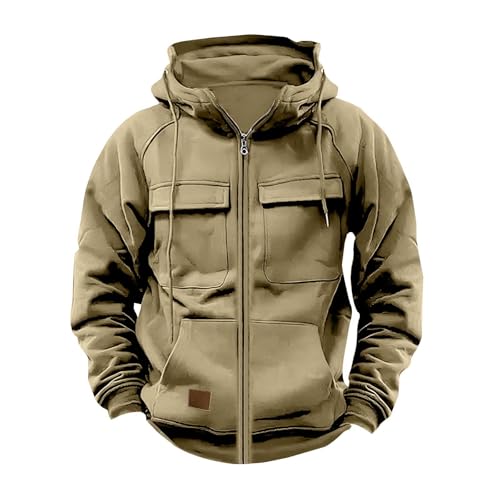 Generic Übergroße Herren-Kapuzenjacke im Militär-Stil, mit mehreren Taschen, lässiges Farbblock-Sweatshirt, warmer Fleece-Pullover, schwerer Kampf-Kapuzenpullover für den Winter, Rosa und Schwarz, von Generisch