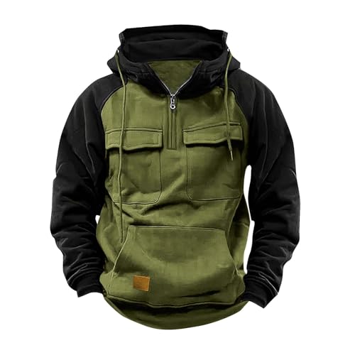 Taktischer Herren-Kapuzenpullover mit halbem Reißverschluss, Militär-Stil, mehrere Taschen, Freizeit-Farbblock-Sweatshirt, warmer Fleece-Pullover, schwerer Kampf-Kapuzenpullover für den Winter, grün, von Generisch