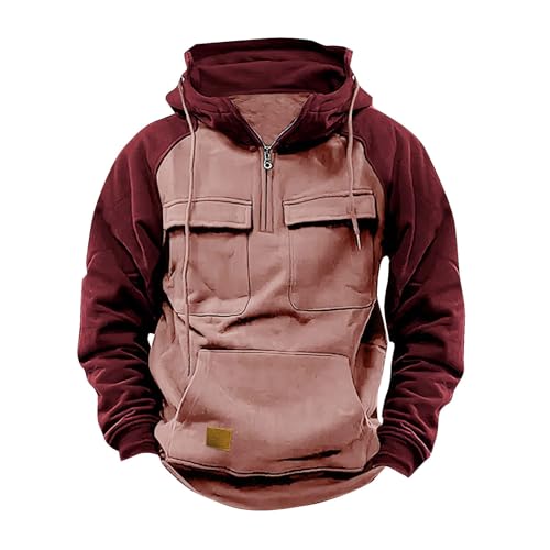 Taktischer Herren-Kapuzenpullover mit halbem Reißverschluss, Militär-Stil, mehrere Taschen, Freizeit-Farbblock-Sweatshirt, warmer Fleece-Pullover, schwerer Kampf-Kapuzenpullover für den Winter, rose, von Generisch