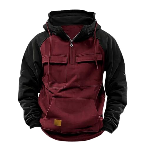 Taktischer Herren-Kapuzenpullover mit halbem Reißverschluss, Militär-Stil, mehrere Taschen, Freizeit-Farbblock-Sweatshirt, warmer Fleece-Pullover, schwerer Kampf-Kapuzenpullover für den Winter, rot, von Generisch