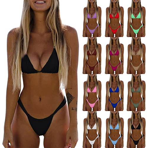 Tanga Bikini Bikini-Sets für Damen Sexy Brazilian Bademoden String Triangel Bikinioberteil + High Cut Tangas Zweiteiler Badeanzüge Rückenfrei Klassischer Neckholder Boho Strandmode (01-Black, M) von Generisch