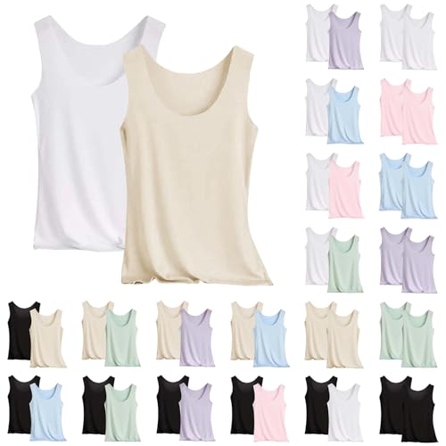 Tank Top Damen 2Er-Pack Basic Tops Damen Rundhals Tank Tops Ärmellose Cami Tanktops Spaghettiträger Sommer Blusentop Träger-Tops Baumwolle Unterhemd Shirt Blusen Casual Weste Strand Vest von Generisch