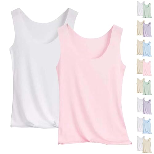 Tank Top Damen 2er-Pack Basic Tops Damen Rundhals Tank Tops Ärmellose Cami Tanktops Spaghettiträger Sommer Träger-Tops Einfarbig Oberteil Baumwolle Unterhemd Shirt Blusen Casual Weste Strand Vest von Generisch