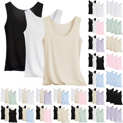 Tank Top Damen 3Er-Pack Spaghettiträger Tops Basic Top Damen Rundhals Tank Tops Ärmellose Blusentop Cami Tanktops Träger-Tops Baumwolle Unterhemd Shirt Blusen Casual Weste Strand Vest von Generisch