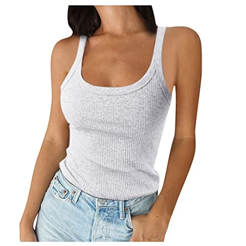 Tank Top Damen Gerippt Ärmellose Sport Oberteile Fitness U-Ausschnitt Sommer Tanktops Frauen Spaghetti Trägertop Basic Tshirt Einfarbig Cami-Top von Generisch