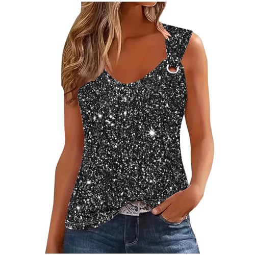 Tank Top Damen Glitzer Ärmellos Oberteile Pailletten Bedrucken Weste Breite Schultergurte Patchwork Tanktops Rundhals Club Vest Shirt Festliche Trägershirt Modisch T-Shirt Partywear von Generisch