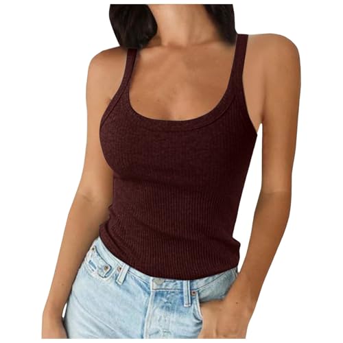 Tank Top Damen Spaghettiträger Ärmellos Geripptes Einfarbige Tanktops U-Ausschnitt Top Sport Baumwoll-Camisole Stretch Underwear Bequeme Hemdchen Basic Tops Stilvolle Shirt für Damen von Generisch