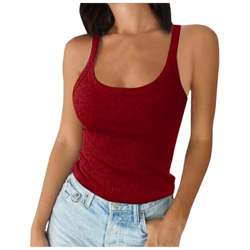Tank Top Damen Spaghettiträger Ärmellos Geripptes Einfarbige Tanktops U-Ausschnitt Top Sport Baumwoll-Camisole Stretch Underwear Bequeme Hemdchen Basic Tops Stilvolle Shirt für Damen von Generisch