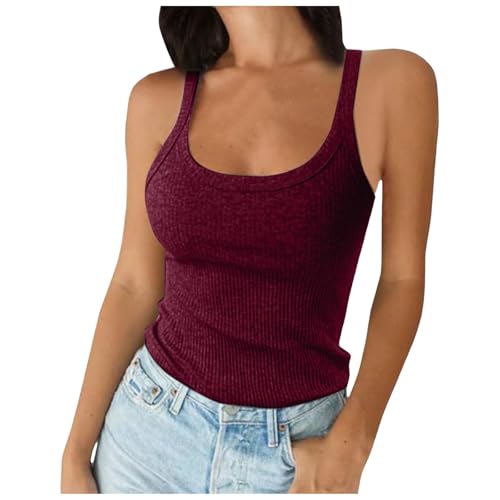 Tank Top Damen Spaghettiträger Ärmellos Geripptes Einfarbige Tanktops U-Ausschnitt Top Sport Baumwoll-Camisole Stretch Underwear Bequeme Hemdchen Basic Tops Stilvolle Shirt für Damen von Generisch