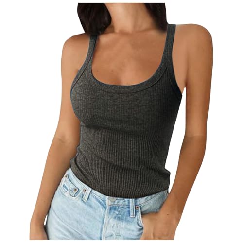 Tank Top Damen Spaghettiträger Ärmellos Geripptes Einfarbige Tanktops U-Ausschnitt Top Sport Baumwoll-Camisole Stretch Underwear Bequeme Hemdchen Basic Tops Stilvolle Shirt für Damen von Generisch