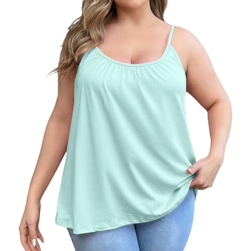 Tank Top Damen mit integriertem BH Spaghettiträger Tops Oversize Basic Top Damen Rundhals Tank Tops Baumwolle Unterhemd Ärmellose Blusentop Cami Tanktops Träger-Tops Blusen Strand Vest S-6XL von Generisch