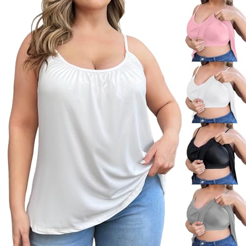 Tank Top Damen mit integriertem BH Spaghettiträger Tops Oversize Basic Top Damen Rundhals Tank Tops Baumwolle Unterhemd Ärmellose Blusentop Cami Tanktops Träger-Tops Blusen Strand Vest S-6XL von Generisch