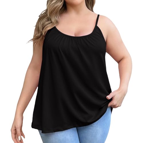 Tank Top Damen mit integriertem BH Spaghettiträger Tops Oversize Basic Top Damen Rundhals Tank Tops Baumwolle Unterhemd Ärmellose Blusentop Cami Tanktops Träger-Tops Blusen Strand Vest S-6XL von Generisch