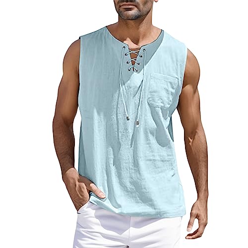 Tank Top Herren Sommer Leinenhemd Ärmellos Hemd T Shirt Baumwolle Leinen Muskelshirt Bandage Kragenloses Strandhemd Männer Atmungsaktiv Bequem Freizeithemd Strand Top Tshirt von Generisch