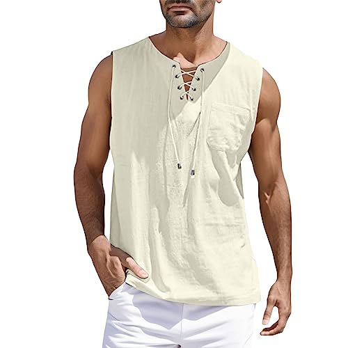 Tank Top Herren Sommer Leinenhemd Ärmellos Hemd T Shirt Baumwolle Leinen Muskelshirt Bandage Kragenloses Strandhemd Männer Atmungsaktiv Bequem Freizeithemd Strand Top Tshirt von Generisch