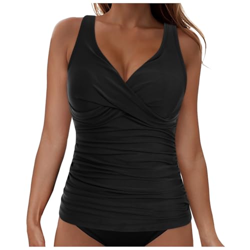 Tankini Damen Bauchweg, Einfarbig Große Größen Sexy Tankini mit Cups Summer Push Up Badeanzug Damen Set mit Shorts Zweiteiler Elegant_Bademodes Verstellbaren Trägern Set V Ausschnitt Wickeloptik (L) von Generisch