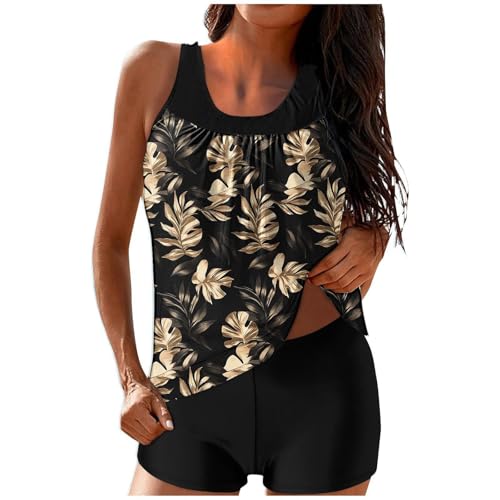 Tankini Damen Bauchweg Badeanzug Push Up Oberteil mit Badeshorts Hohe Taille U Ausschnitt Bademoden Set Zweiteiler Sommer Drucken Badeanzüge mit Rüschen für Damen Strand Ferien Freizeit (Z11-Black, L) von Generisch