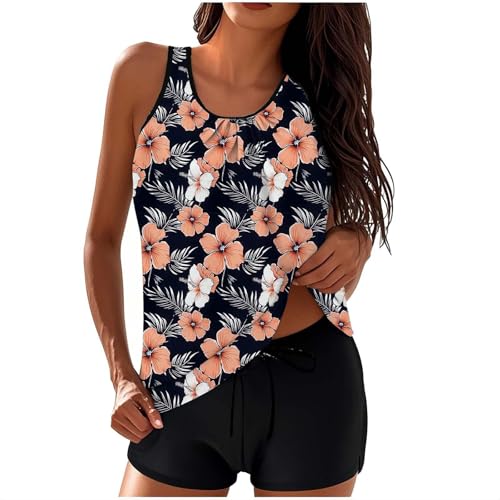 Tankini Damen Bauchweg Badeanzug Push Up Oberteil mit Badeshorts Hohe Taille U Ausschnitt Bademoden Set Zweiteiler Sommer Drucken Badeanzüge mit Rüschen für Damen Strand Ferien Freizeit (Z8-Orange, M) von Generisch