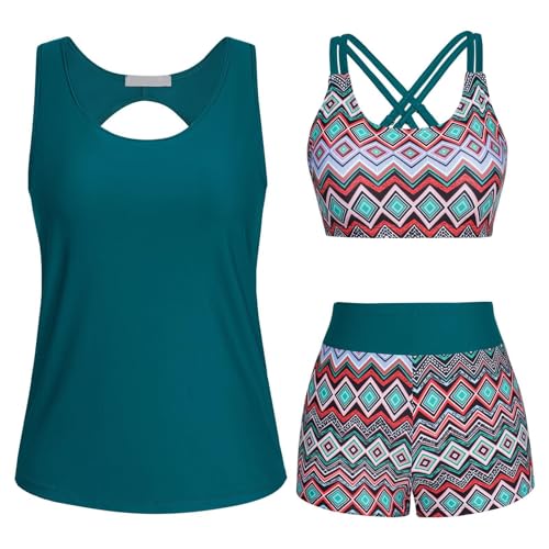 Tankini Damen Bauchweg Große Größen 3-Teiliger Badeanzug Push Up Bikini Set Tankini Oberteil Damen High Waist Strand Tankinis mit Shorts Sommer Swimsuits for Women badeanzug zweiteilig L Cyan von Generisch