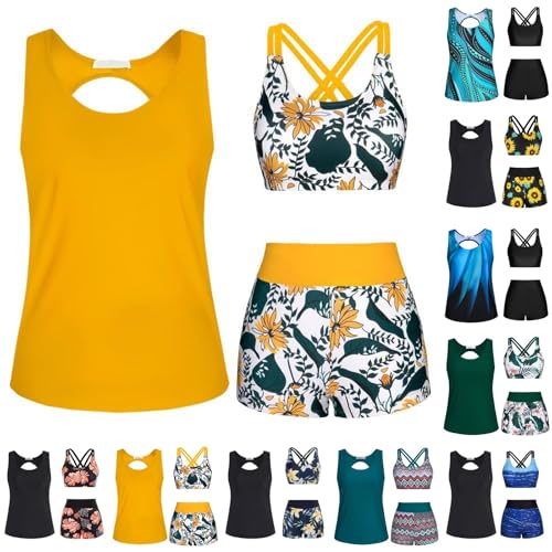 Tankini Damen Bauchweg Große Größen 3-Teiliger Badeanzug Push Up Bikini Set Tankini Oberteil Damen High Waist Strand Tankinis mit Shorts Sommer Swimsuits for Women badeanzug zweiteilig L Yellow von Generisch