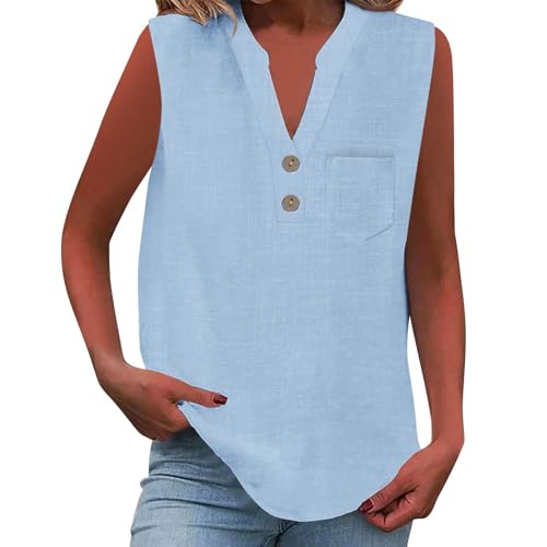 Tanktop Damen Leinen Bluse Sommer V-Ausschnitt Ärmellose Tunika Loose Fit Tank Tops Lässig Locker Vest Oberteil Einfarbig Elegant Basic Blusentop Leicht und Luftig Sommertops Damenblusen von Generisch
