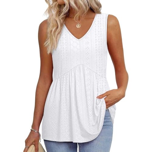 Tanktop Damen Sommer 2025 Neu V-Ausschnitt Ärmelloses Figurformendes Tanktop Eyelet Embroidery Flowy Peplum Tops (DE/NL/SE/PL, Alphanumerisch, S, Regular, Regular, Weiß) von Generisch