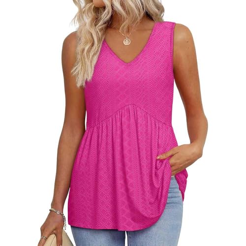 Tanktop Damen Sommer 2025 Neu V-Ausschnitt Ärmelloses Figurformendes Tanktop Eyelet Embroidery Flowy Peplum Tops (DE/NL/SE/PL, Alphanumerisch, XXL, Regular, Regular, Rot) von Generisch