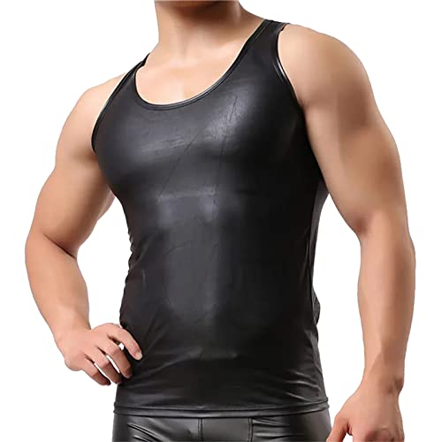 Tanktop Herren Wetlook Tankshirt Leder Shirt Unterhemden Fitness Muskelshirt Weste Dessous Nachtwäsche Schwarz Clubwear 2025 (Schwarz, M) von Generisch