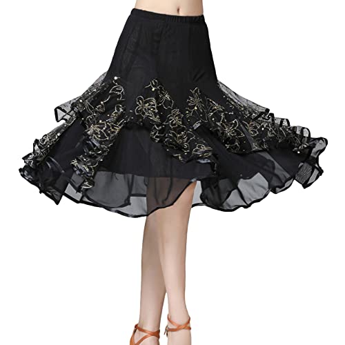 Tanzrock Damen Latein Tüllrock Schwarz Midirock Elegant Spitzenrock Knielang Rock Elastische Taille Ballsaal Rock Einfarbig Performance Outfit Für Halloween Karneval Besondere Anlässe von Generisch