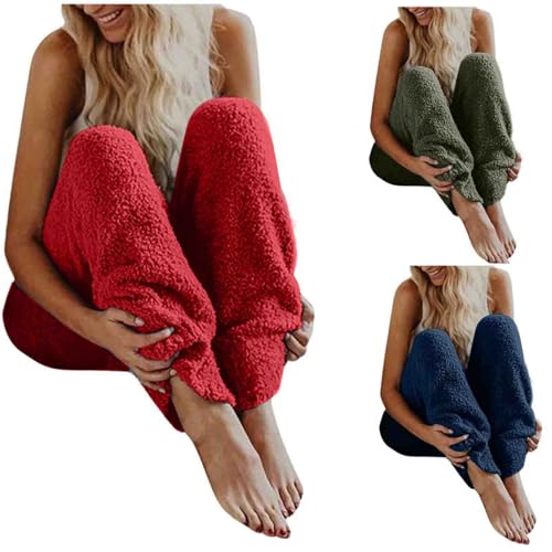 Teddy Fleece Hose Damen Winter Warm Plüsch Freizeithose High Waist Elegant Winter Warm Hosen Elastischer Bund Flauschig Lang Einfarbig Freizeithose Yogahose Haushose Loose Schlafanzughose von Generisch