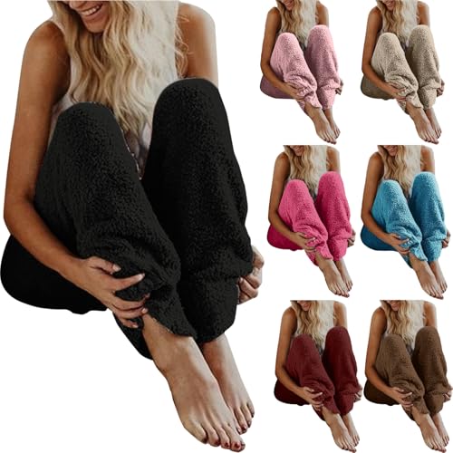 Teddy Fleece Hose Damen Winter Warm Plüsch Freizeithose High Waist Elegant Winter Warm Hosen Elastischer Bund Flauschig Lang Einfarbig Freizeithose Yogahose Haushose Loose Schlafanzughose von Generisch